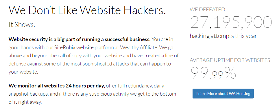 This is an Image on Wealthy Affiliate Review Showing Hacking attempts Defeated