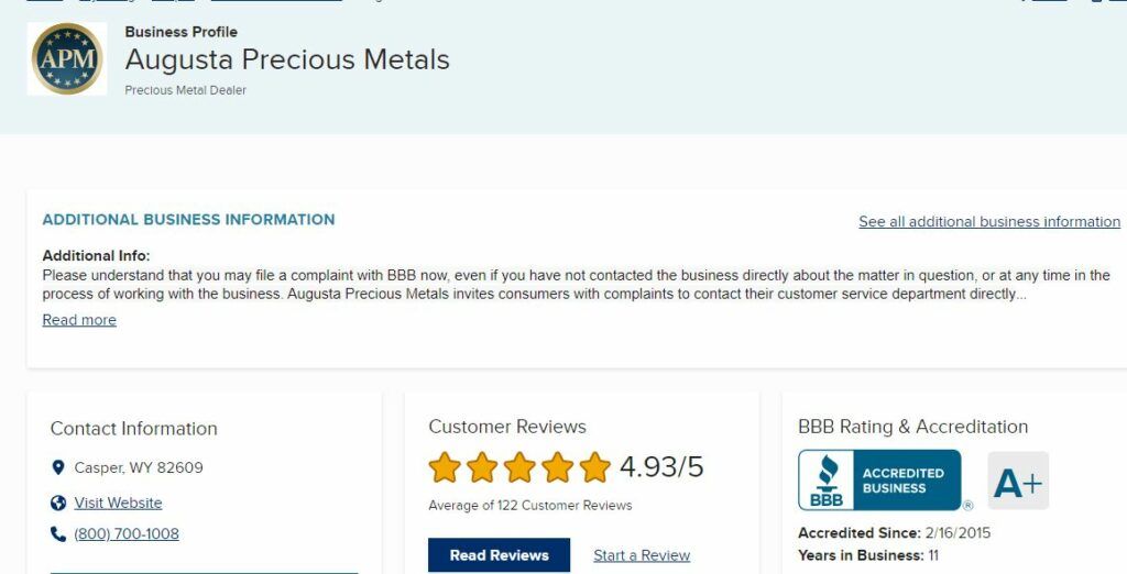 Augusta Precious Metals BBB Rating